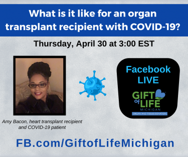 Amy Bacon, heart transplant recipient and COVID-19 patient, will be on Facebook Live to discuss her personal experience with the coronavirus