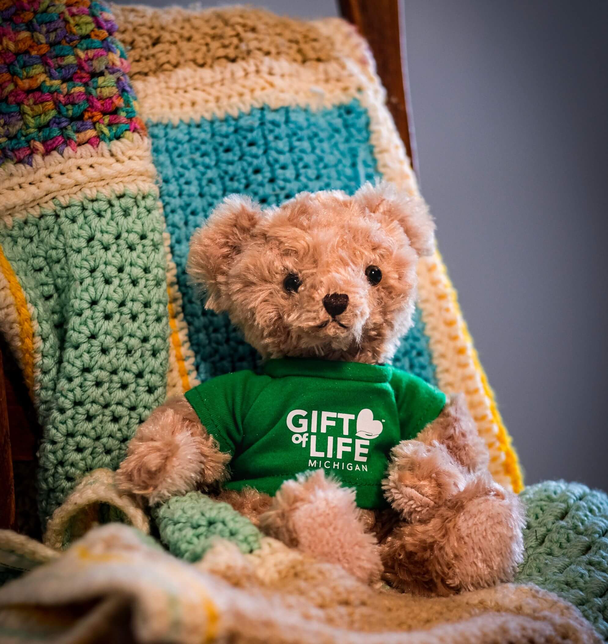 Teddy bear wearing green Gift of Life t-shirt on a homemade afghan blanket
