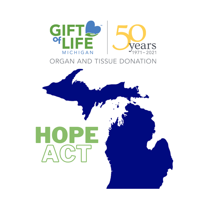 Outline of Michigan, Gift of Life logo, HOPE ACT