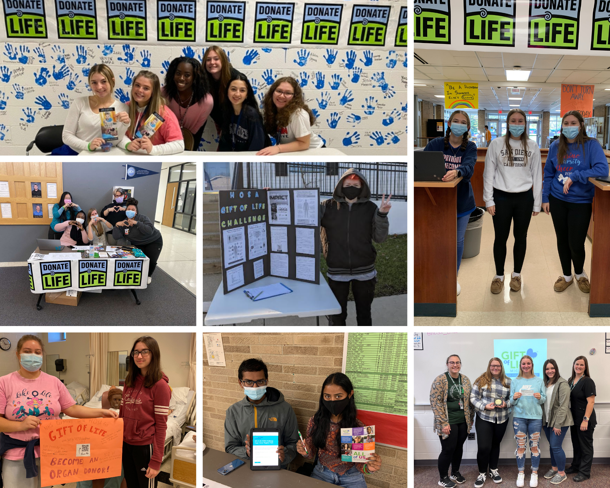 Photo collage of high school students during the HOSA Challenge, promoting organ donation.