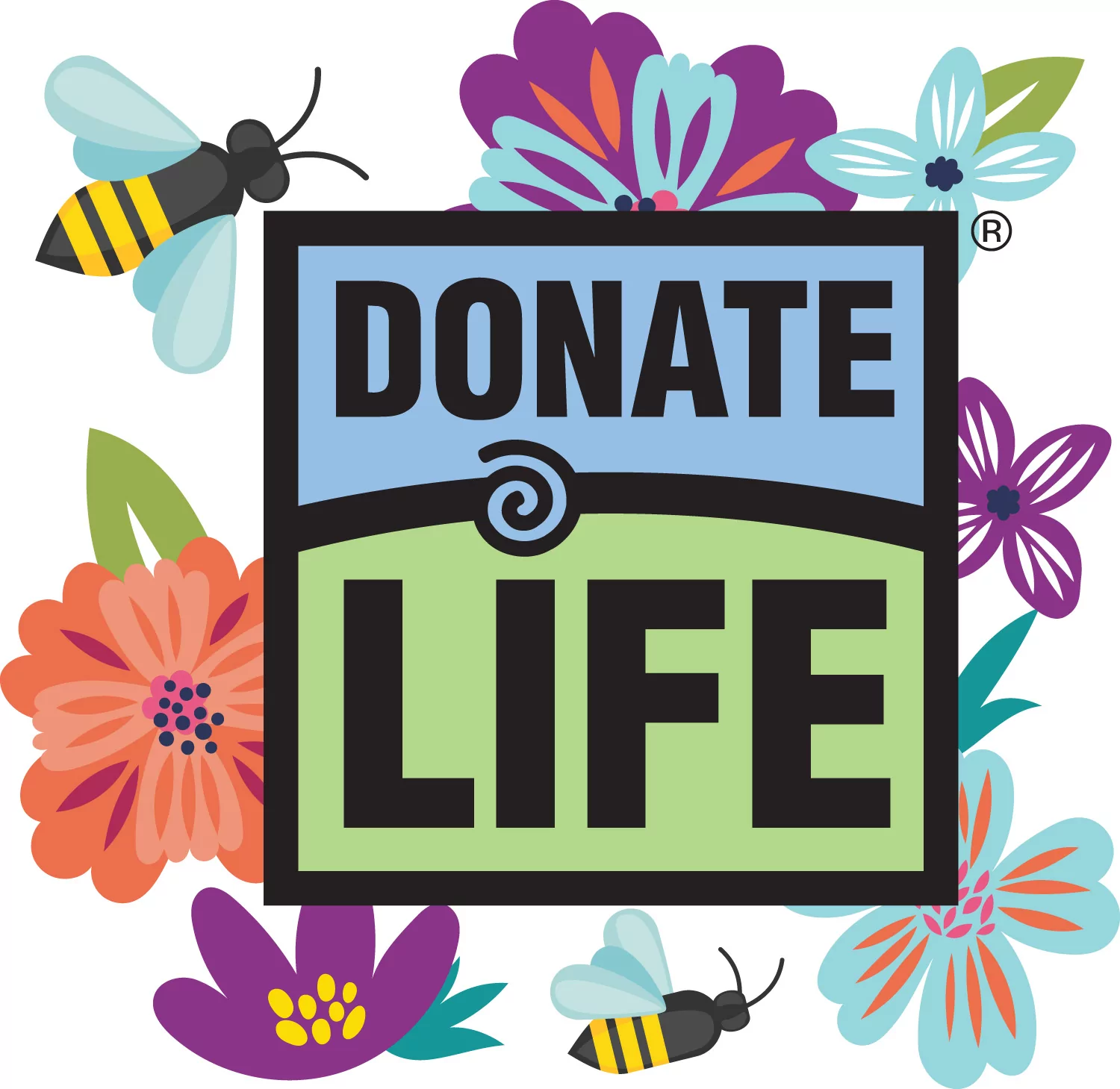 Donate Life logo surrounded by flowers and bees