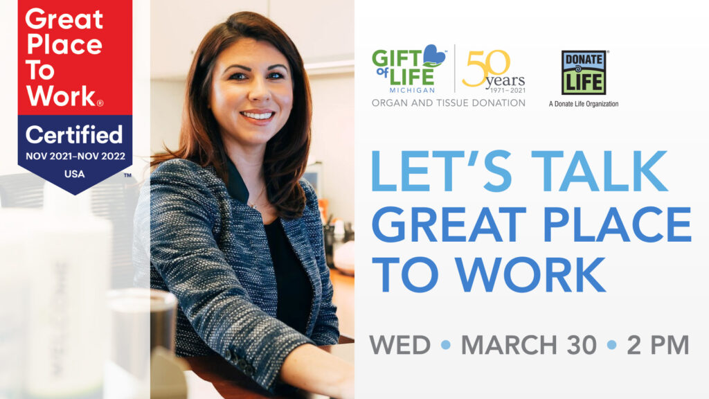 Photo of woman at her desk smiling at the camera, left side includes Great Place to Work banner