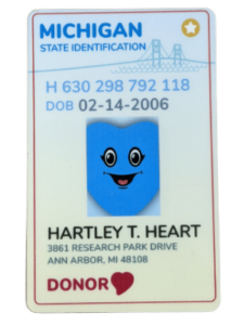 Michigan State ID featuring Hartley T. Heart, Gift of Life Michigan's mascot