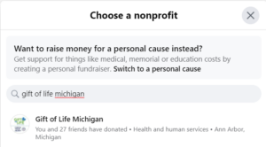 screen shot of a Facebook Fundraiser selection