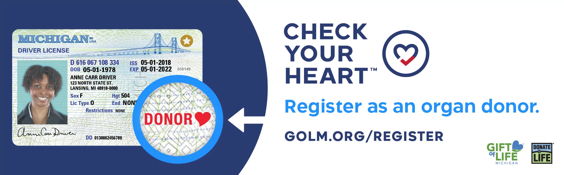 Michigan sample driver's license with red heart donor symbol emphasized, and Check Your Heart logo