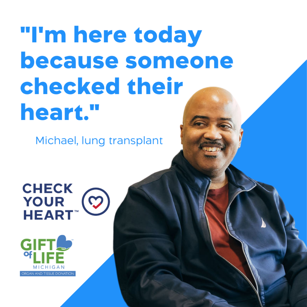 Photo of Michael Love, lung transplant recipient, "I'm here today because someone checked their heart."