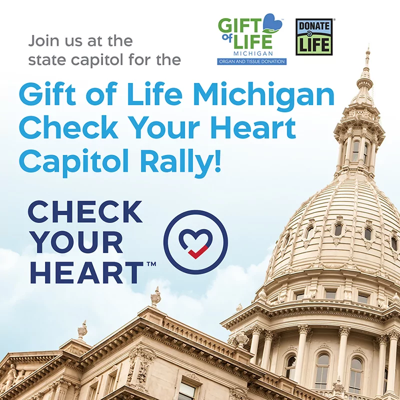Check Your Heart Capitol Rally with image of Michigan Capitol Building