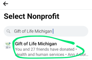 screen shot - choosing charity FB fundraiser