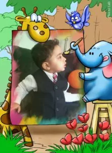 A young boy's picture in a cartoon frame that makes it look like his portrait is being painted by an elephant