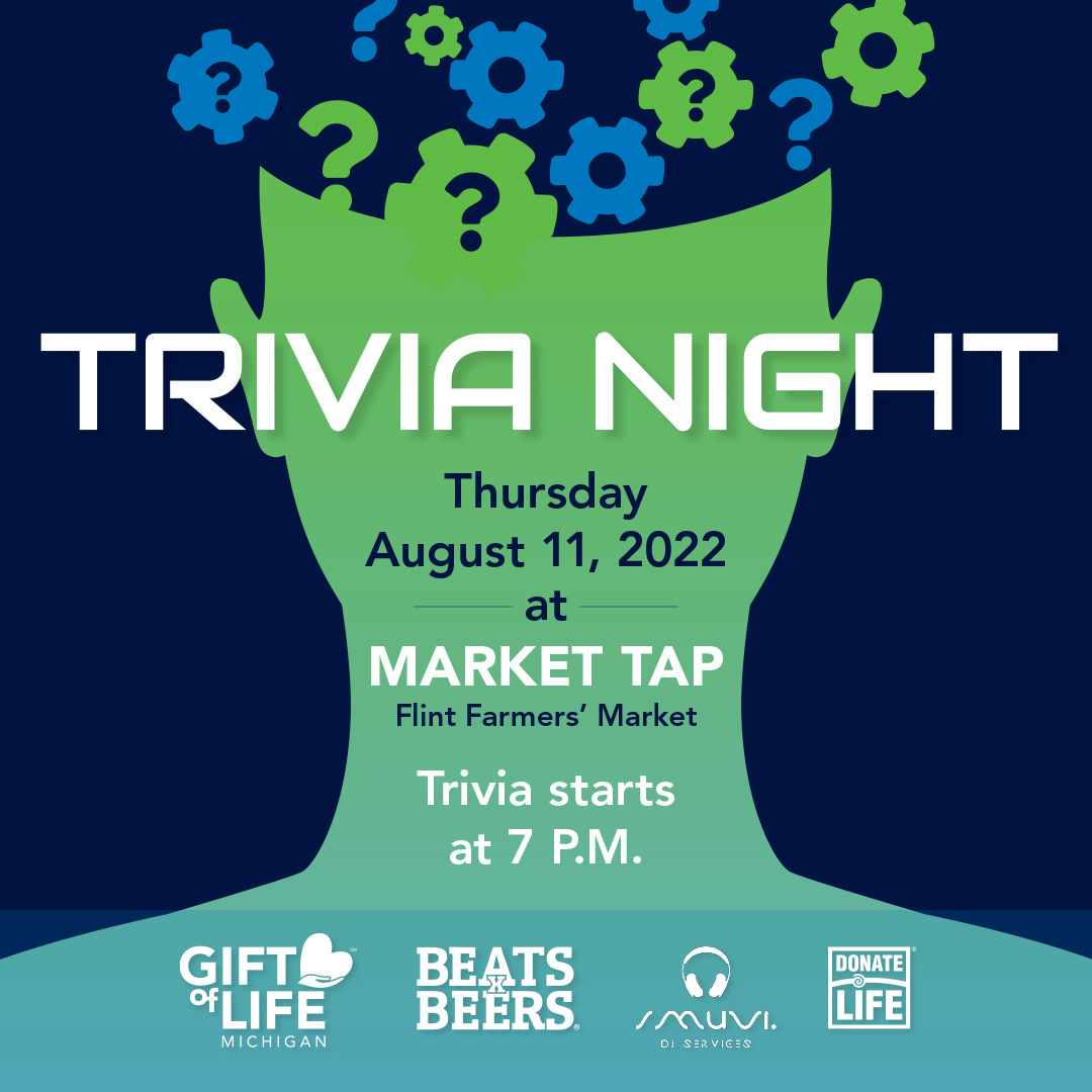 Blue and green sprockets coming out the top of a green head, reading "Trivia Night" with event details