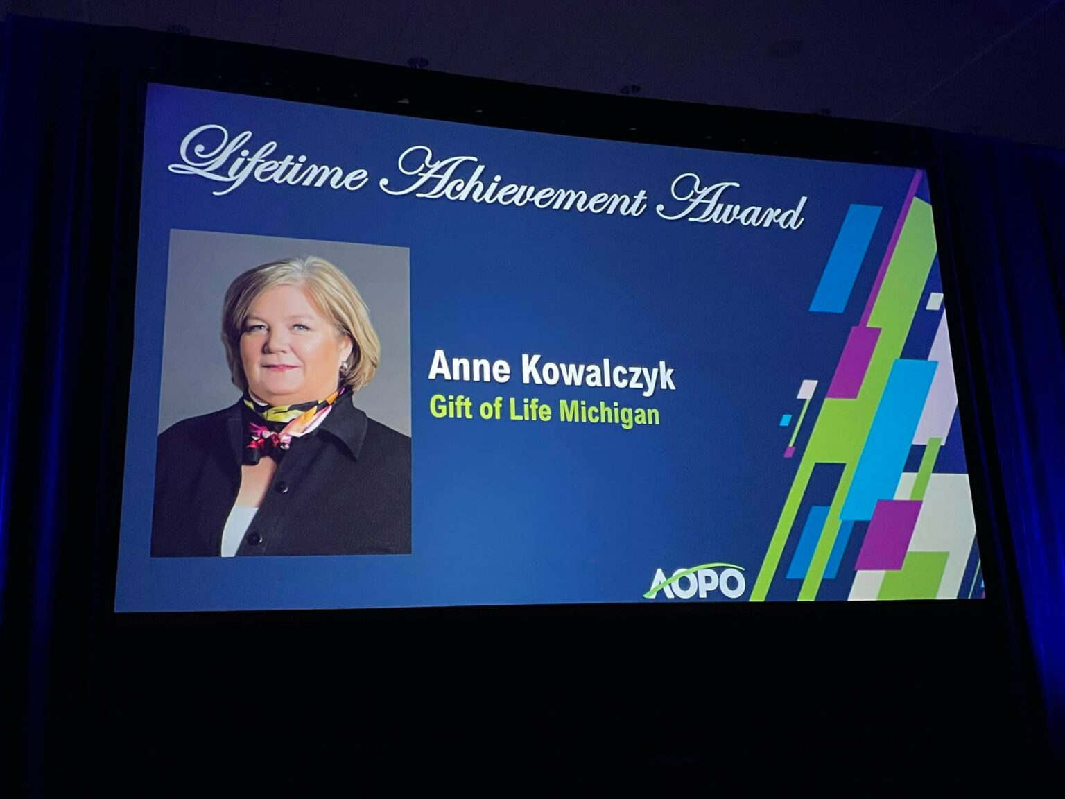 Slide featuring Anne Kowalczyk, Gift of Life's long-time Chief Financial Officer