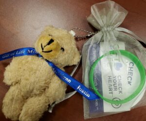 A teddy bear with a blue ribbon reading "Justin Shilling" and "Gift of Life Michigan" next to a gift bag with organ donation swag