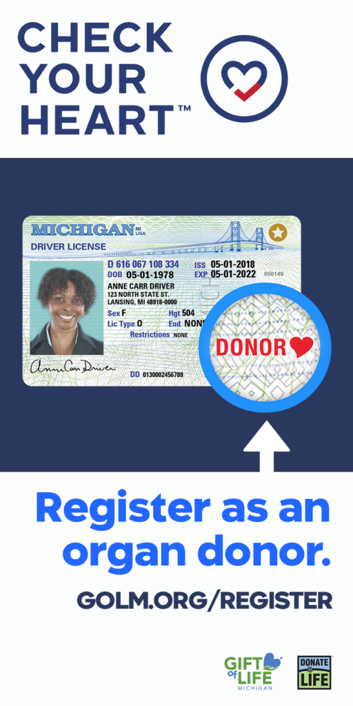 Check Your Heart graphic showing driver's license with red heart organ donor symbol
