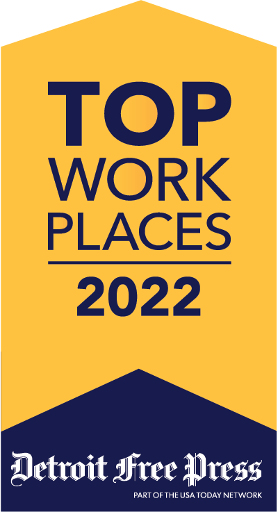 Yellow and blue banner reading "Top Work Places 2022" from the Detroit Free Press