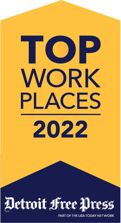 Yellow and blue banner reading "Top Work Places 2022" from the Detroit Free Press