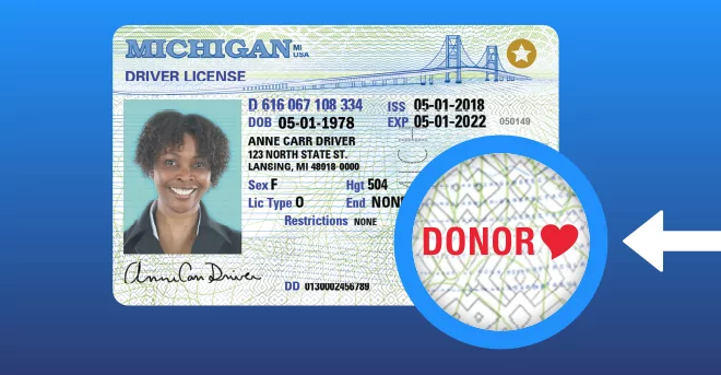Michigan driver's license with the DONOR heart symbol enlarged