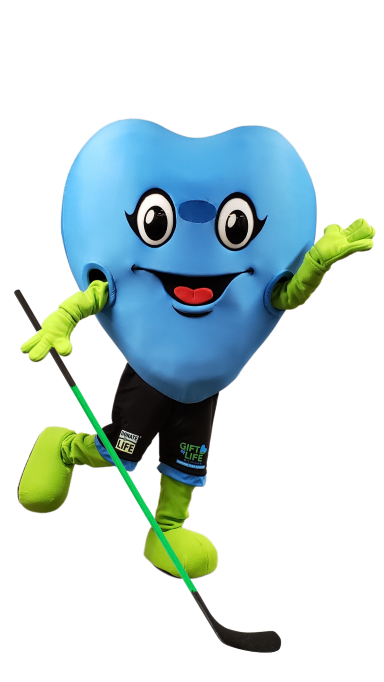 Hartley, a blue heart mascot with green arms and legs, poses with a hockey stick