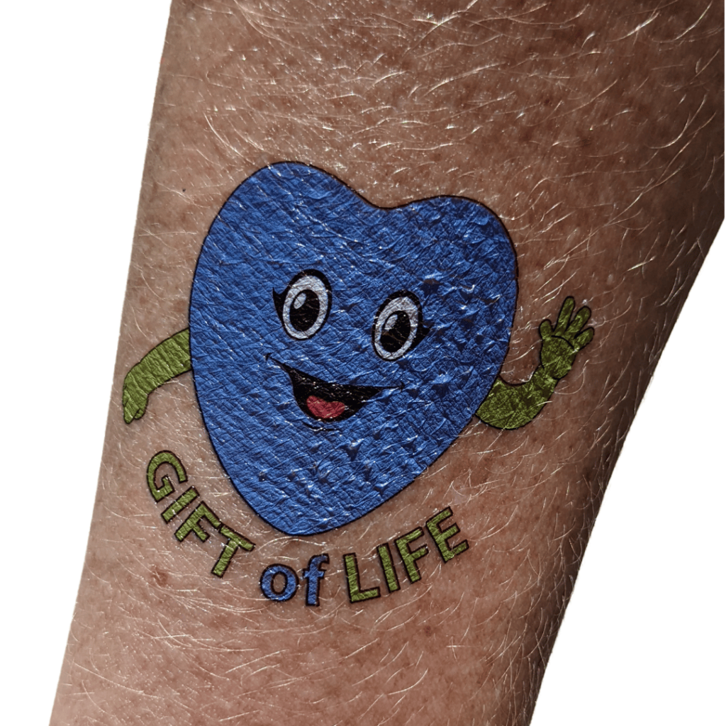 Gift of Life's mascot, Hartley, in a temporary tattoo form
