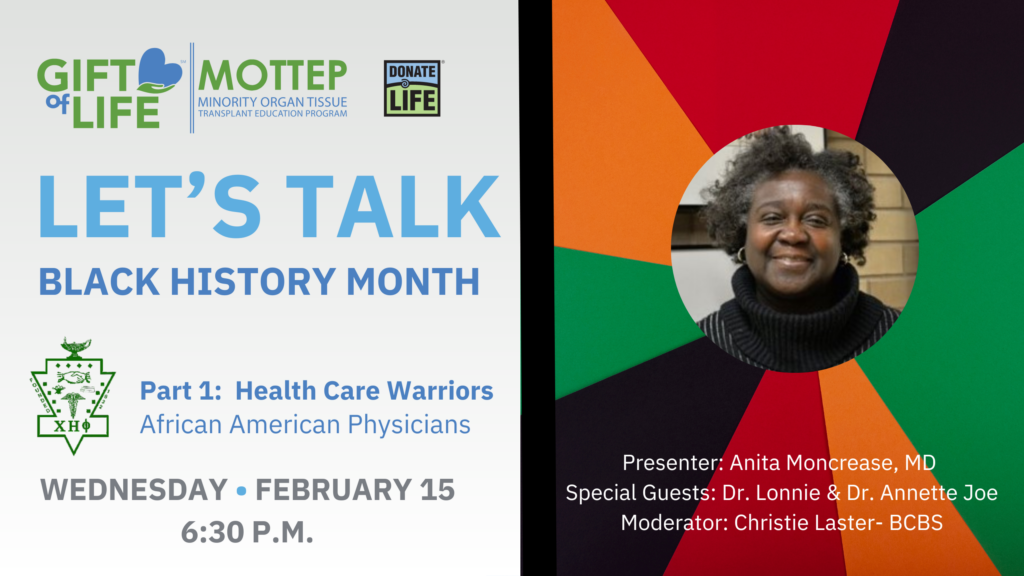 Let's Talk | BLACK HISTORY MONTH | Part 1: Health Care Warriors: History of African American Physicians | February 15 6:30 PM | Photo of Dr. Anita Moncrease on red, green, black, orange pinwheel background