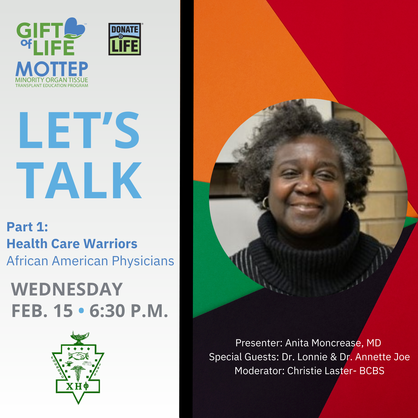 Photo of Dr. Anita Moncrease on advertisement for Let's Talk: Black History Month | Part 1: African American Physicians, Wednesday February 15 at 6:30 PM