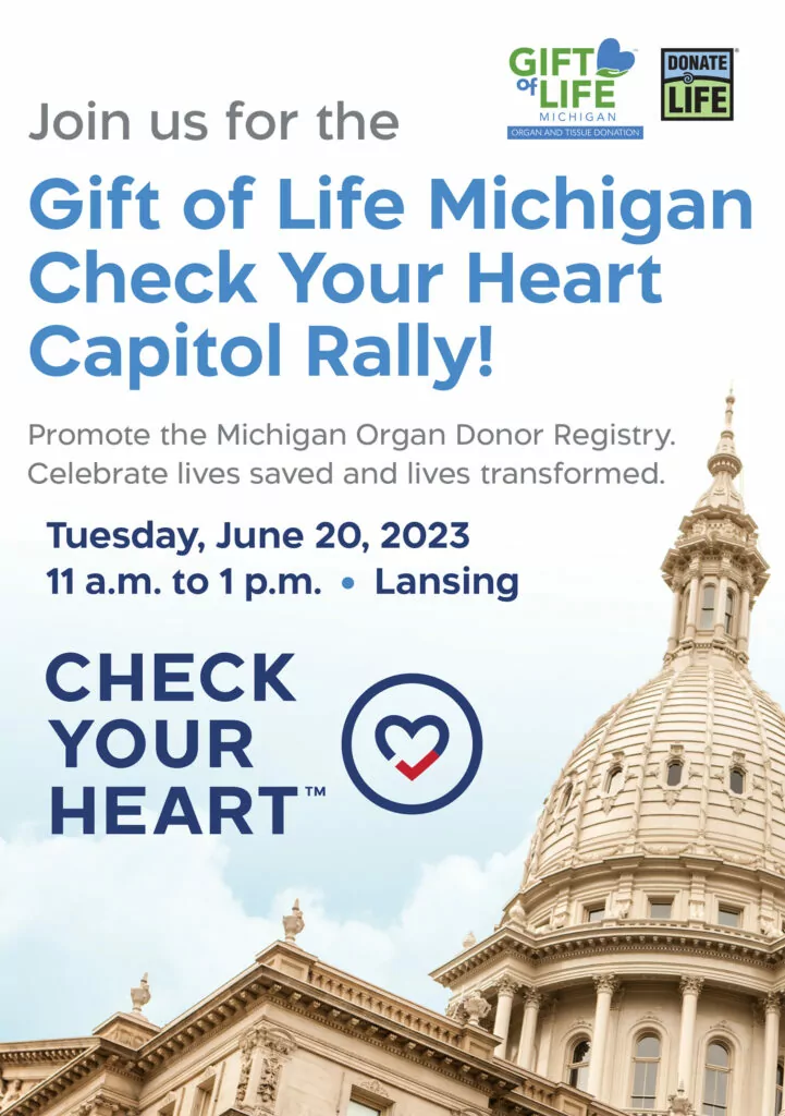 Flyer featuring the Michigan Capitol building, promoting the Check Your Heart Capitol Rally on June 20, 2023 from 11-1.