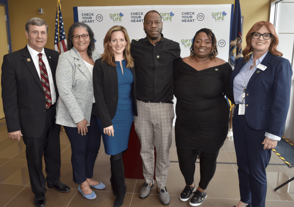 Michigan State Senator and donor father Kevin Daley, State Representative Felicia Brabec, Michigan Secretary of State Jocelyn Benson, kidney patient Armond Baskin, his wife Molly, Gift of Life President & CEO Dorrie Dils at the Donate Life Month kick-off press conference on April 4, 2023.