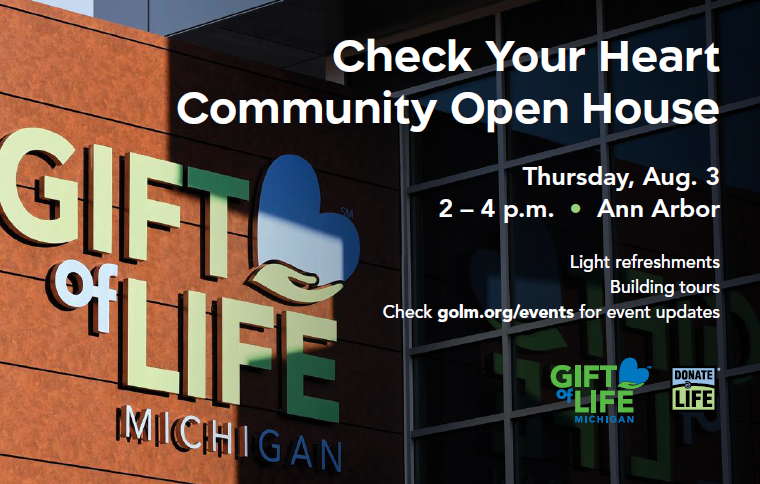 Gift of Life's main entrance with information about the Open House overlayed