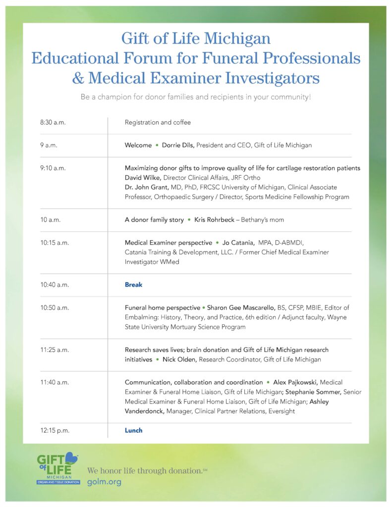 Agenda (page 1) for the June 28 Educational Forum for funeral professionals and medical examiner investigators