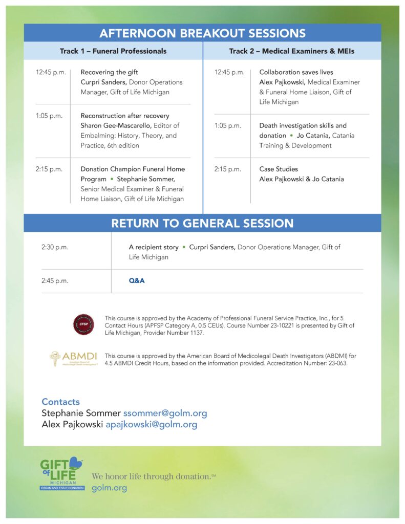 Agenda (page 2) for the June 28 Educational Forum for funeral professionals and medical examiner investigators