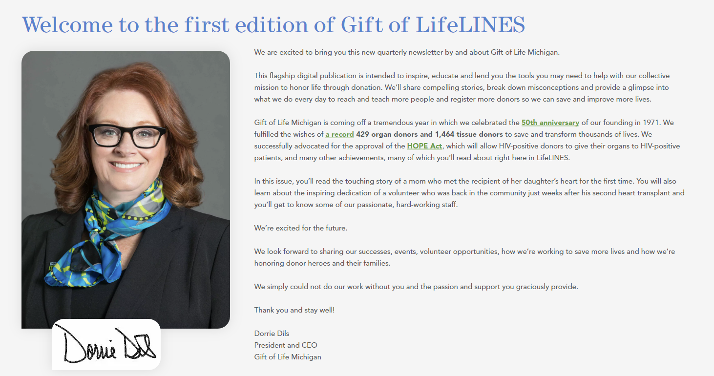 Screenshot of the Winter 2022 LifeLINES cover, featuring a welcome message from President and CEO Dorrie Dils