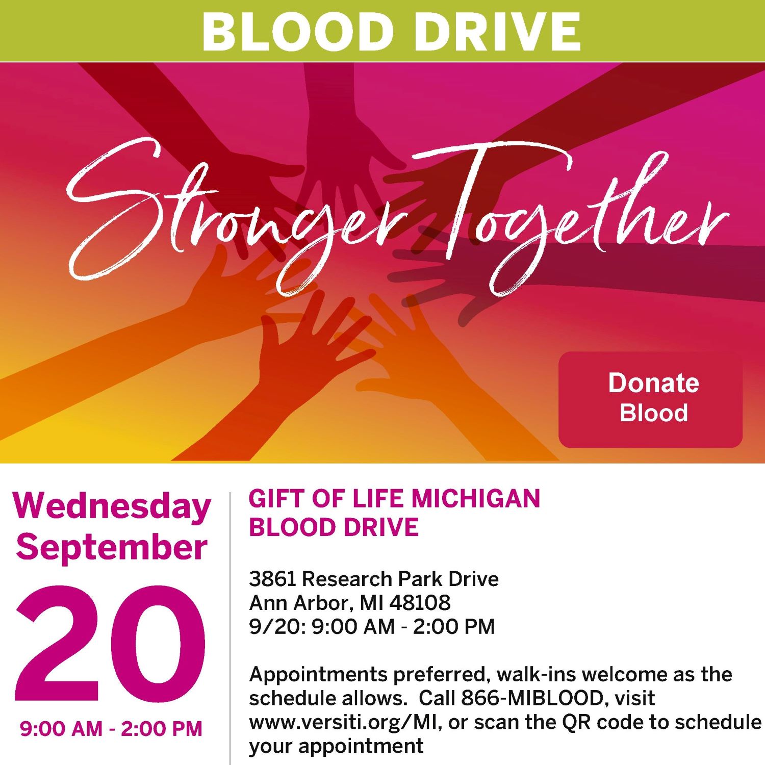 Blood drive flyer - Weds, September 20 from 9am - 2pm at Gift of Life Michigan