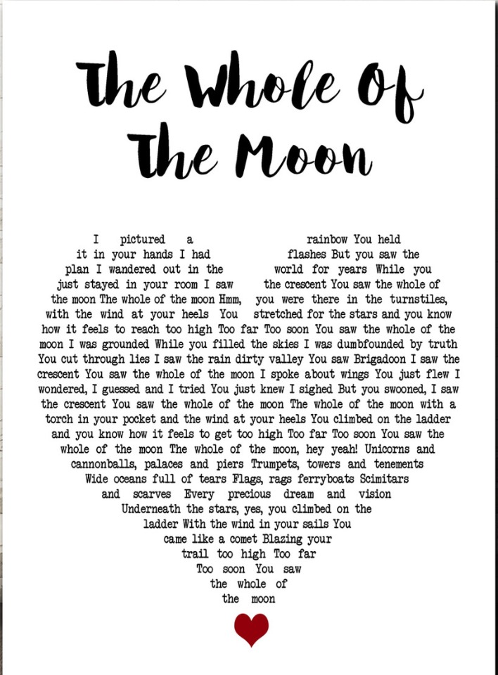 A heart-shaped collage of the lyrics to "The Whole of the Moon"