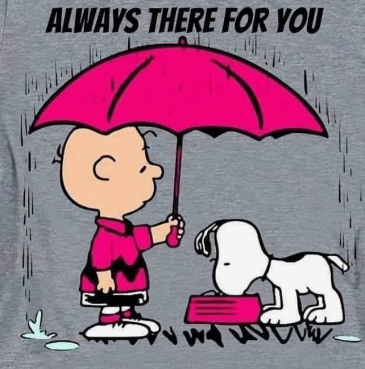 Charlie Brown holding an umbrella over Snoopy while he eats in the rain, with the caption "Always there for you."