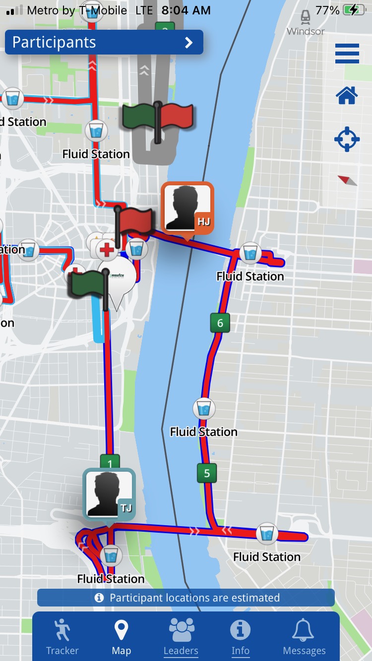 A map of the Detroit/Windsor area, showing the location of Sherry's husband and son being tracked in the Detroit Free Press Marathon