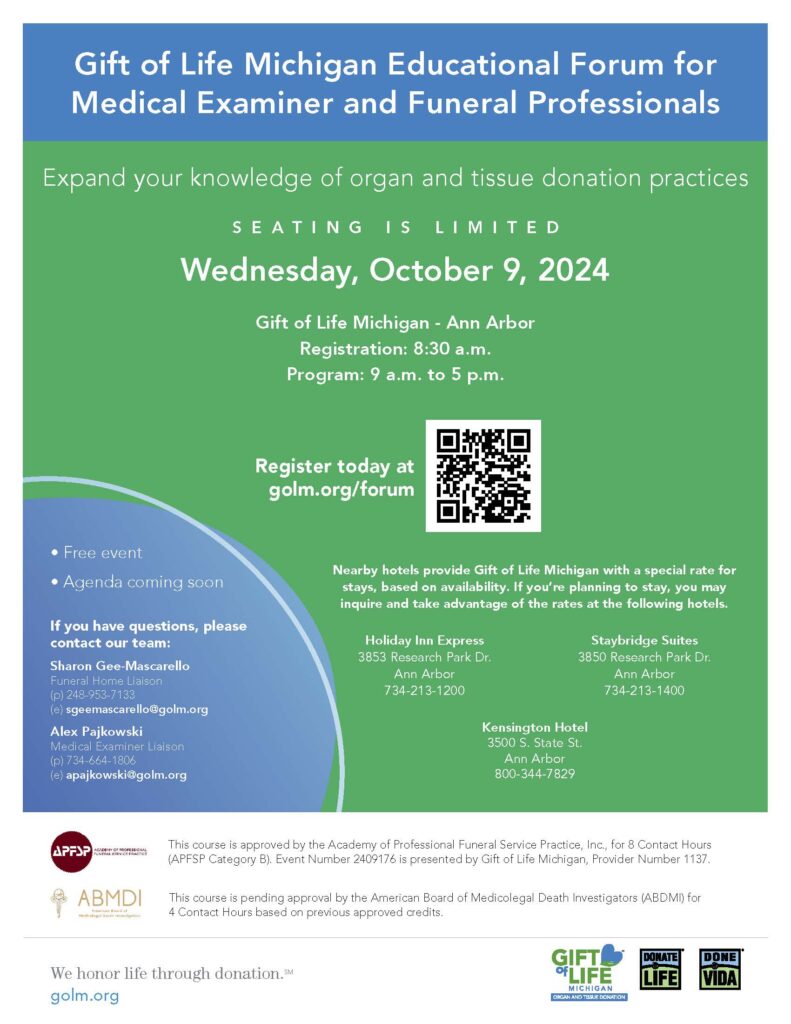 October 9, 2024 Educational Forum for Medical Examiners and Funeral Professionals flyer