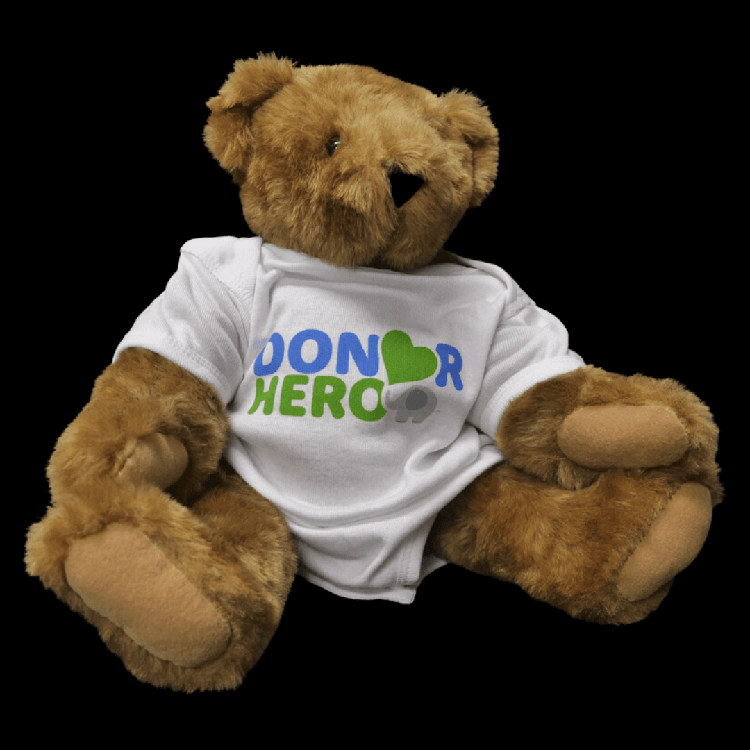 Teddy bear wearing Gift of Life's placenta donor t-shirt