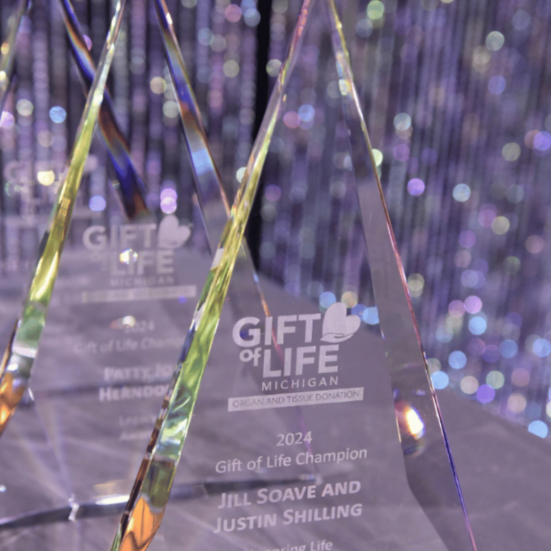 Gift of Life Champion - top awards are clear triangular glass