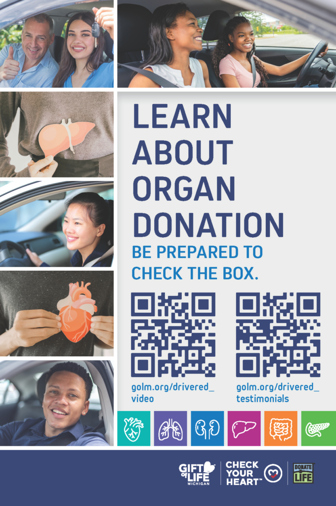 Postcard reading: Learn about organ donation. Be prepared to check the box. Includes QR codes to videos.