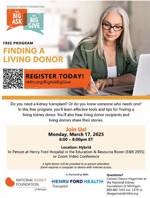 Flyer for a program to help people find living kidney donors