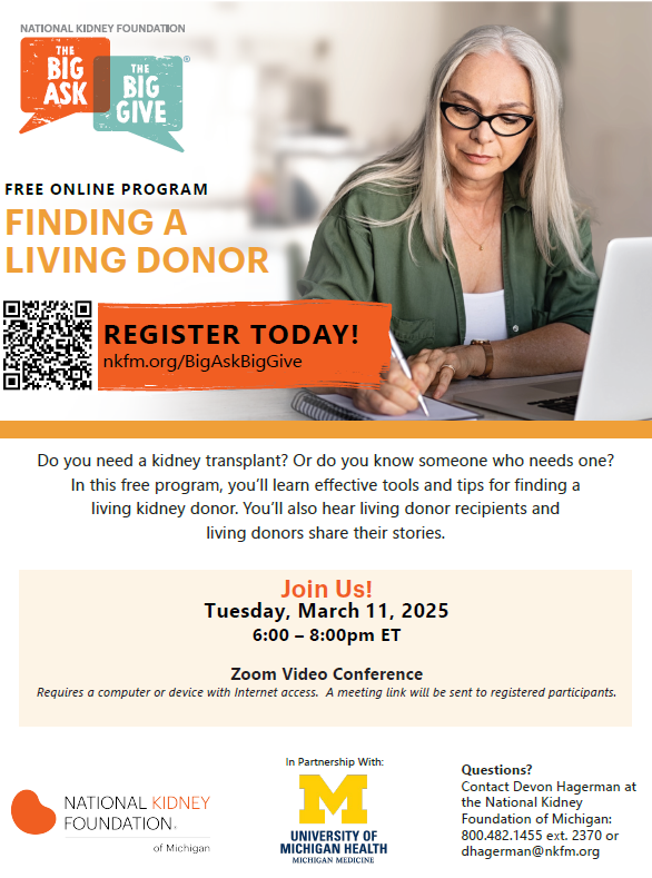 Flyer for Zoom program about finding a living kidney donor