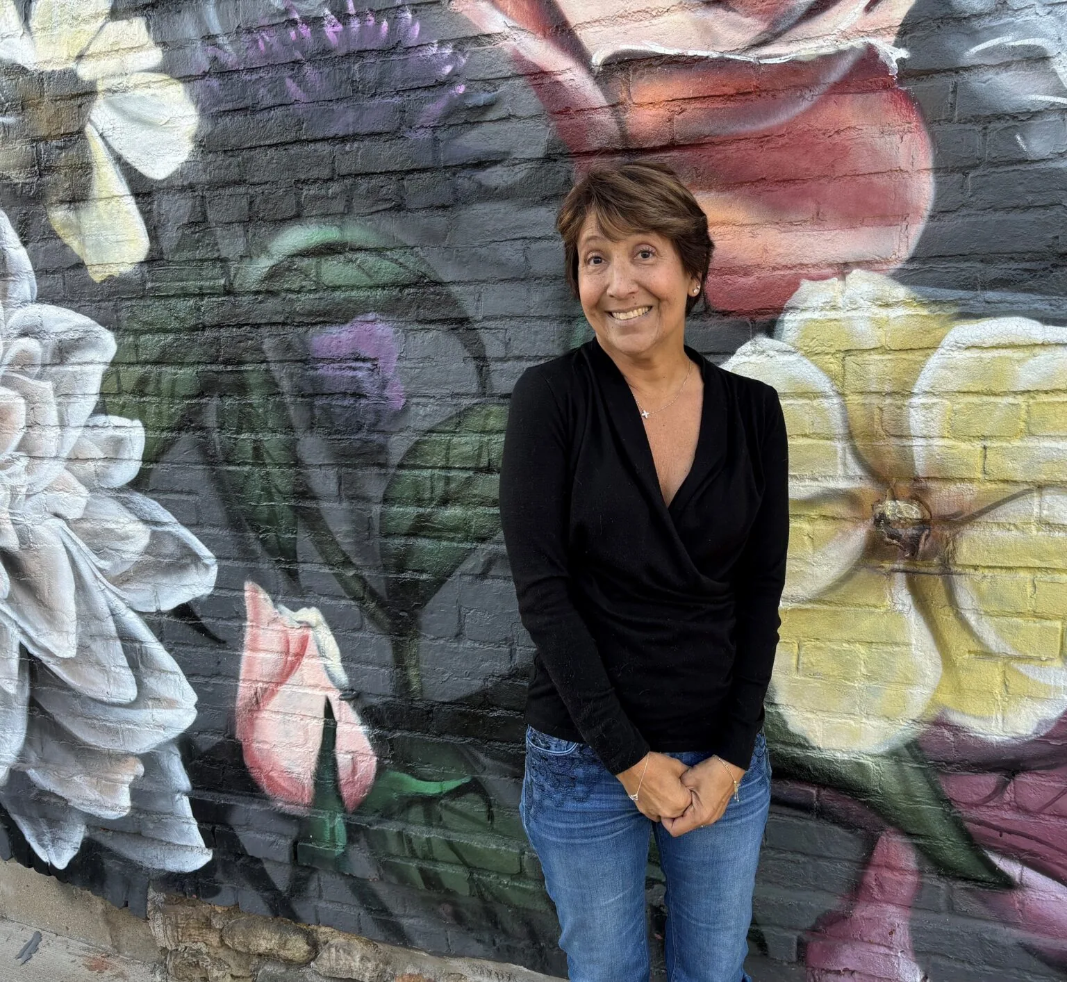 Bernice with flower mural