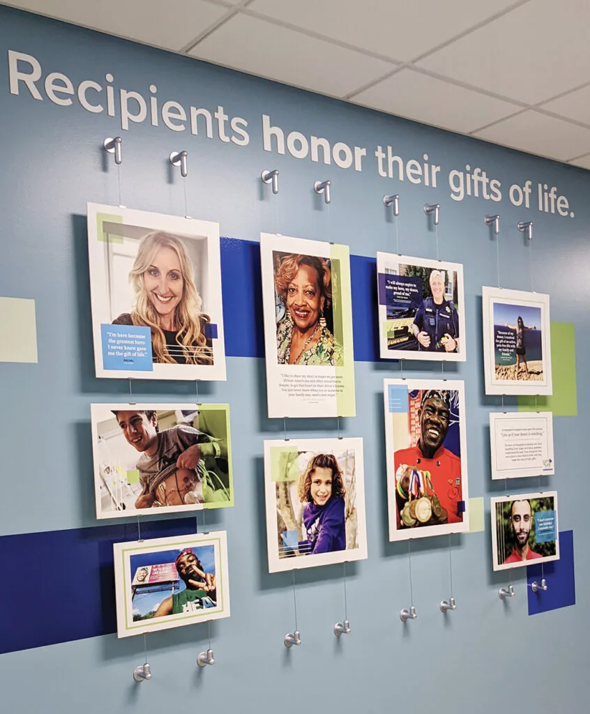 Photos of transplant recipients on a mural at Gift of Life Michigan