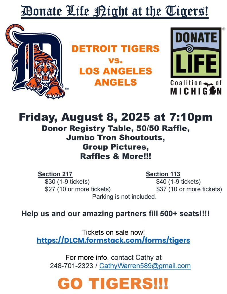2025 Detroit Tigers Donate Life Night flyer with the same information as is listed in this event.